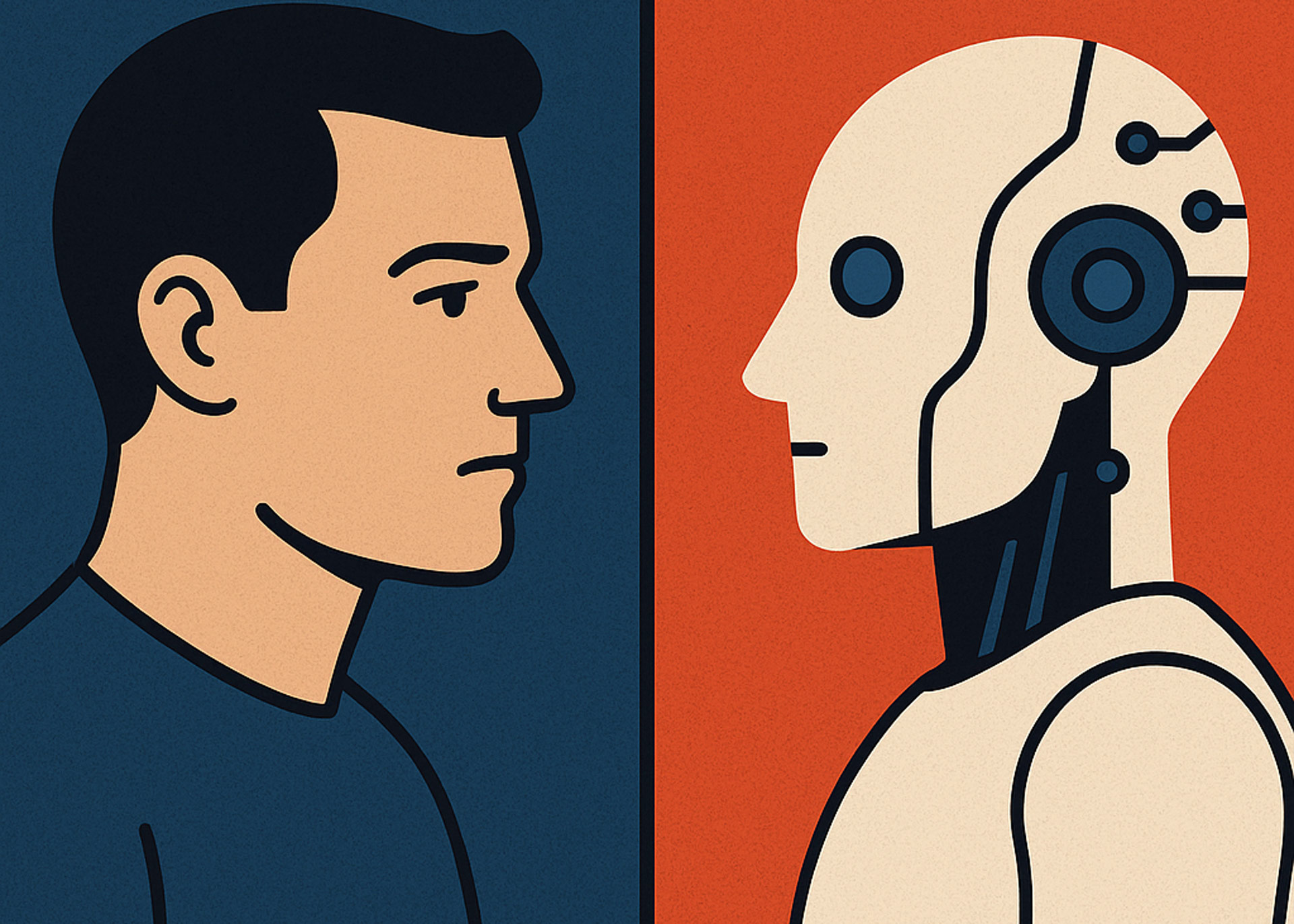 CHATGPT generated image of man staring at robot and vice-versa