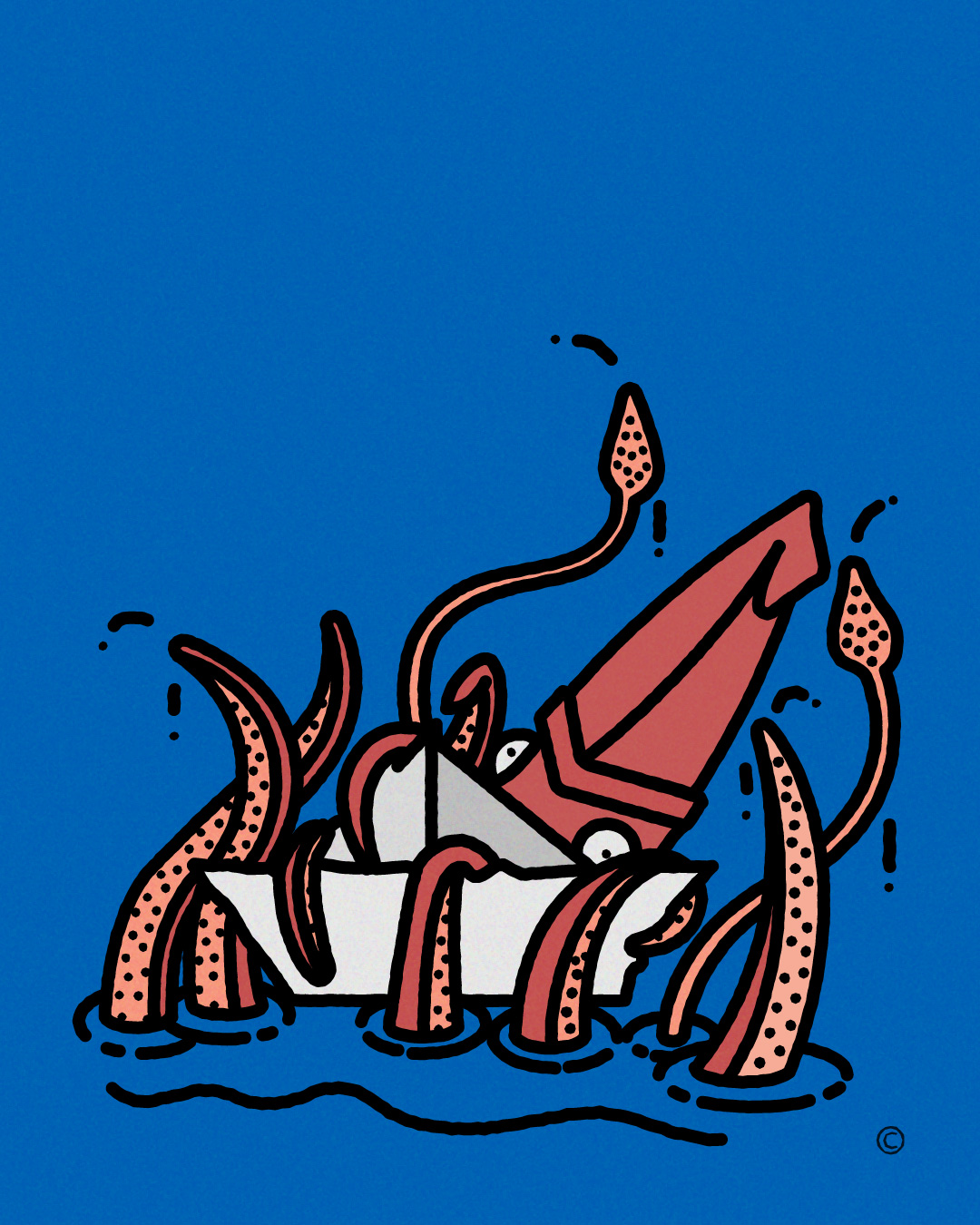 A calamari attacking a paper ship